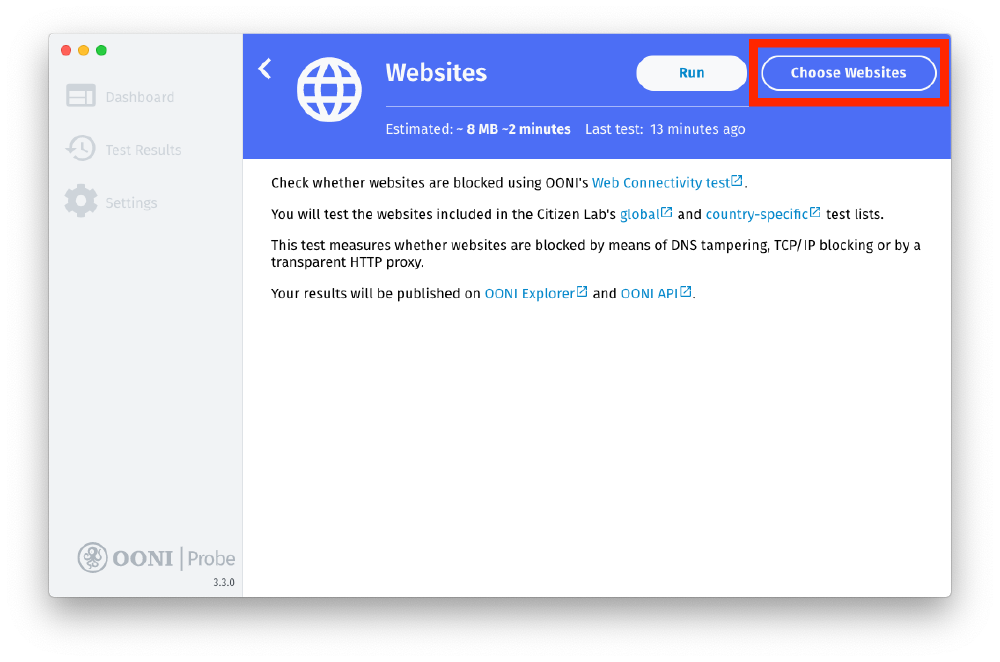 Choose websites button
