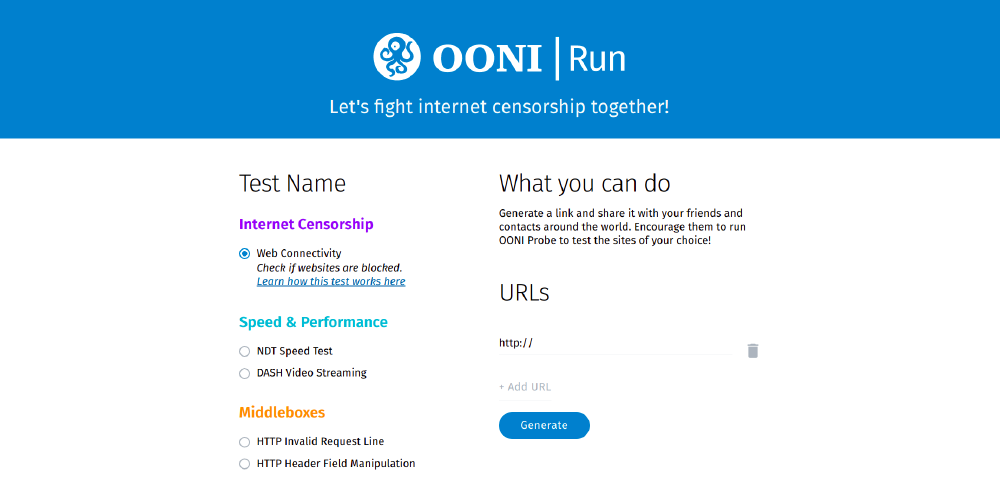 OONI Run landing page