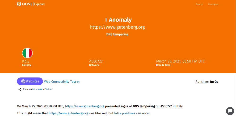 OONI Explorer result page